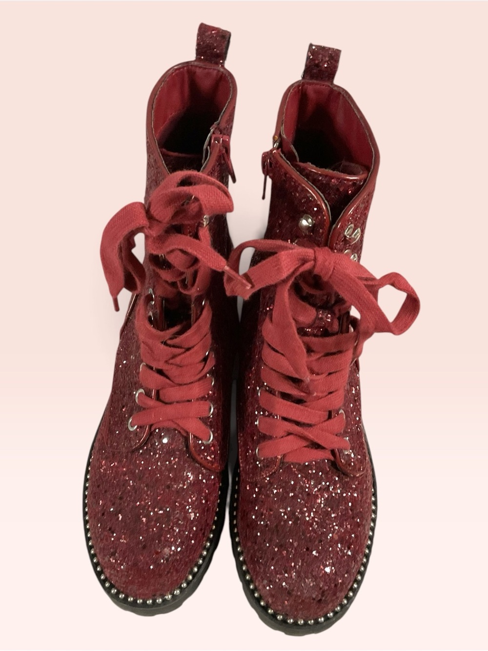 Portland by Portland Boot Women’s Glitter Lace-Up Ankle Boots in Burgundy Sz 8M